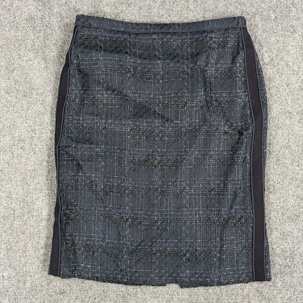 Tory Burch Skirt Womens 2 Navy Blue Tweed Woven Plaid Pencil